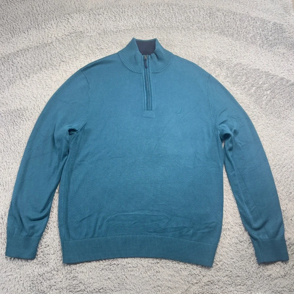 Nautica Sweater Mens Large Teal Blue Cotton Viscose Blend Quarter Zip Pullover
